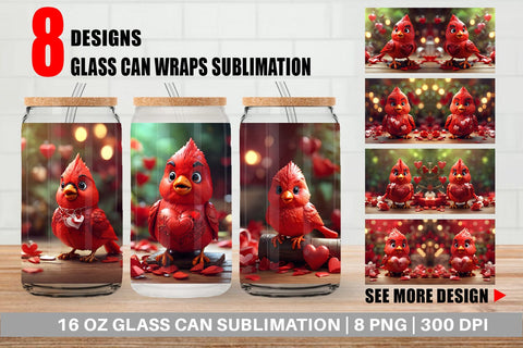 Glass Can Wrap Valentine Cardinal Bird Sublimation artnoy 