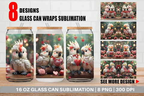 Glass Can Wrap Valentine Cockatoo Bird Sublimation artnoy 
