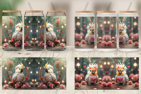 Glass Can Wrap Valentine Cockatoo Bird Sublimation artnoy 