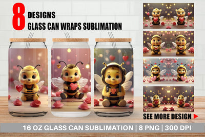 Glass Can Wrap Valentine Cute Bee Sublimation artnoy 