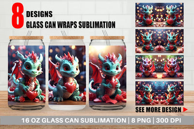Glass Can Wrap Valentine Cute Dragon Sublimation artnoy 