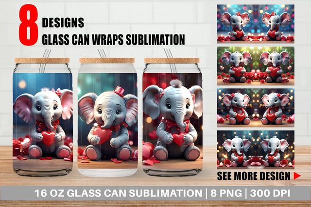 Glass Can Wrap Valentine Cute Elephant Sublimation artnoy 