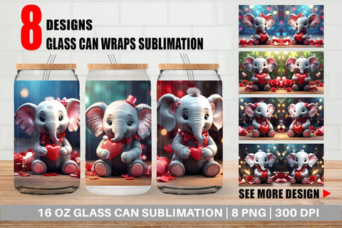 Glass Can Wrap Valentine Cute Elephant Sublimation artnoy 
