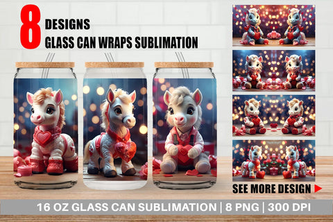 Glass Can Wrap Valentine Cute Horse Sublimation artnoy 