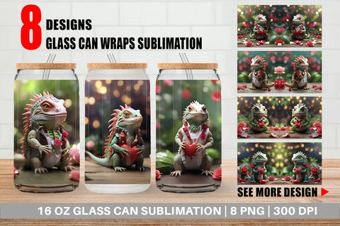Glass Can Wrap Valentine Cute Iguana Sublimation artnoy 