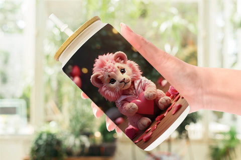 Glass Can Wrap Valentine Cute Lion Sublimation artnoy 