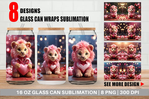 Glass Can Wrap Valentine Cute Lion Sublimation artnoy 