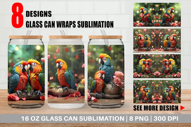Glass Can Wrap Valentine Cute Macaw Bird Sublimation artnoy 