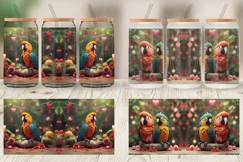 Glass Can Wrap Valentine Cute Macaw Bird Sublimation artnoy 