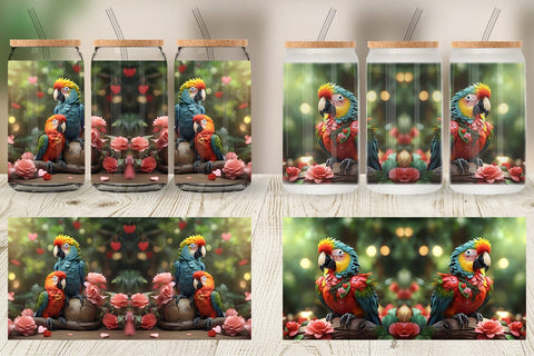 Glass Can Wrap Valentine Cute Macaw Bird Sublimation artnoy 