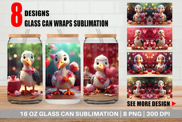 Glass Can Wrap Valentine Cute Stork Bird Sublimation artnoy 