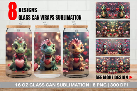 Glass Can Wrap Valentine Dinosaur Sublimation artnoy 