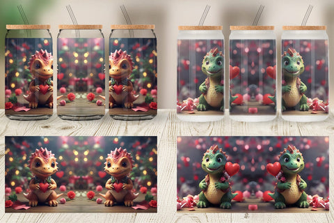 Glass Can Wrap Valentine Dinosaur Sublimation artnoy 