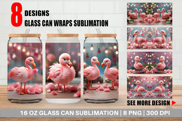 Glass Can Wrap Valentine Flamingo Bird Sublimation artnoy 