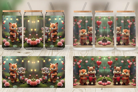 Glass Can Wrap Valentine Forest Animal Sublimation artnoy 