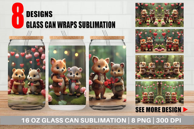 Glass Can Wrap Valentine Forest Animal Sublimation artnoy 