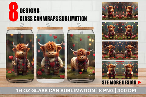 Glass Can Wrap Valentine Highland Cow Sublimation artnoy 