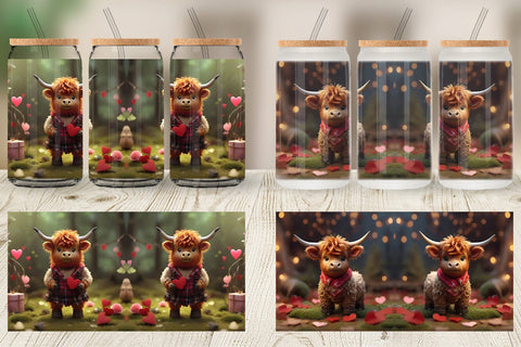 Glass Can Wrap Valentine Highland Cow Sublimation artnoy 