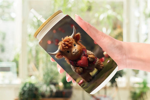 Glass Can Wrap Valentine Highland Cow Sublimation artnoy 