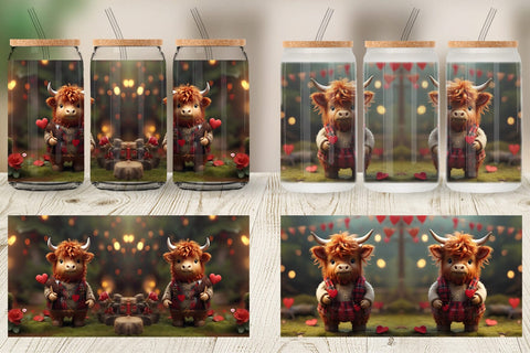 Glass Can Wrap Valentine Highland Cow Sublimation artnoy 