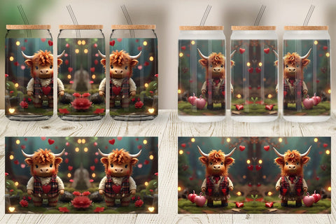 Glass Can Wrap Valentine Highland Cow Sublimation artnoy 