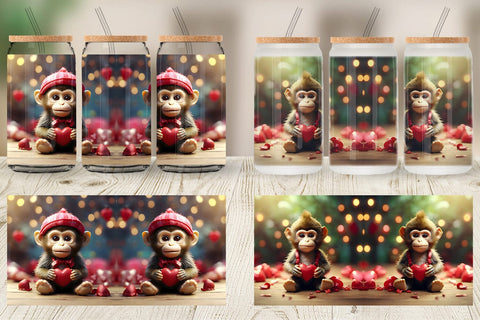 Glass Can Wrap Valentine Monkey Sublimation artnoy 