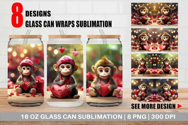 Glass Can Wrap Valentine Monkey Sublimation artnoy 