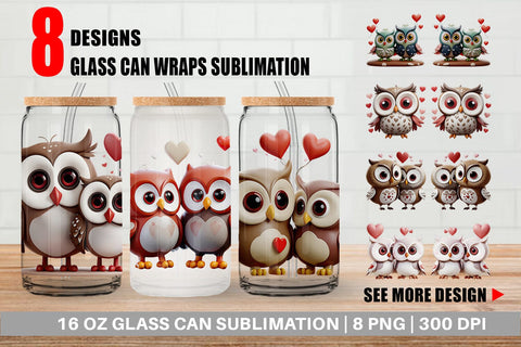 Glass Can Wrap Valentine Owl Sublimation artnoy 