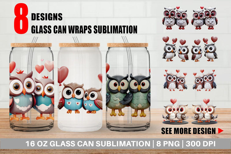 Glass Can Wrap Valentine Owl Sublimation artnoy 