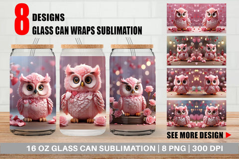 Glass Can Wrap Valentine Owl Sublimation artnoy 