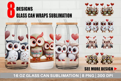 Glass Can Wrap Valentine Owl Sublimation artnoy 