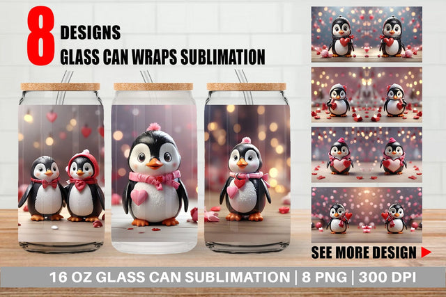 Glass Can Wrap Valentine Penguin Sublimation artnoy 