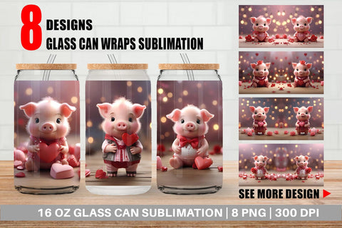 Glass Can Wrap Valentine Pig Sublimation artnoy 