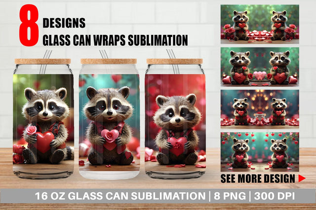 Glass Can Wrap Valentine Raccoon Sublimation artnoy 