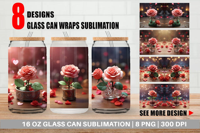 Glass Can Wrap Valentine Rose Flower Sublimation artnoy 