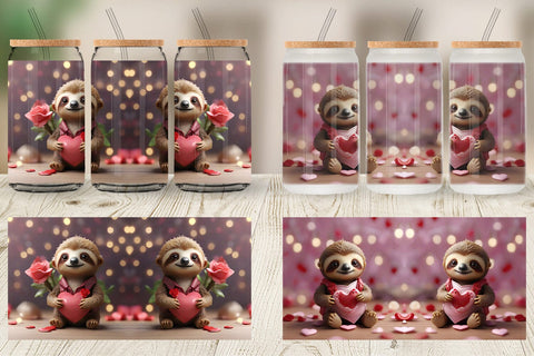 Glass Can Wrap Valentine Sloth Sublimation artnoy 
