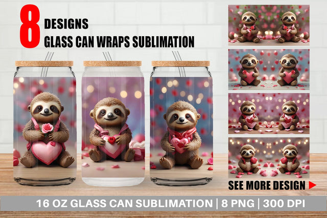 Glass Can Wrap Valentine Sloth Sublimation artnoy 
