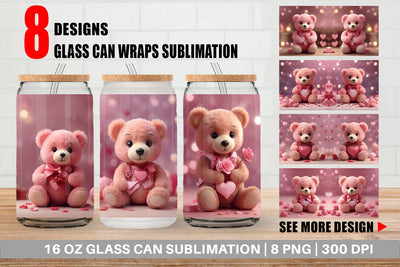Glass Can Wrap Valentine Teddy Bear Sublimation artnoy 