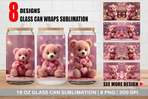 Glass Can Wrap Valentine Teddy Bear Sublimation artnoy 