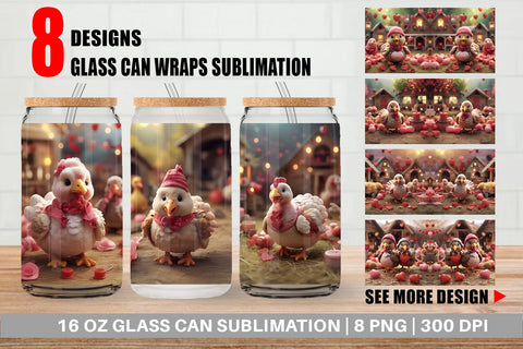 Glass Can Wrap Valentine Turkey Farm Sublimation artnoy 