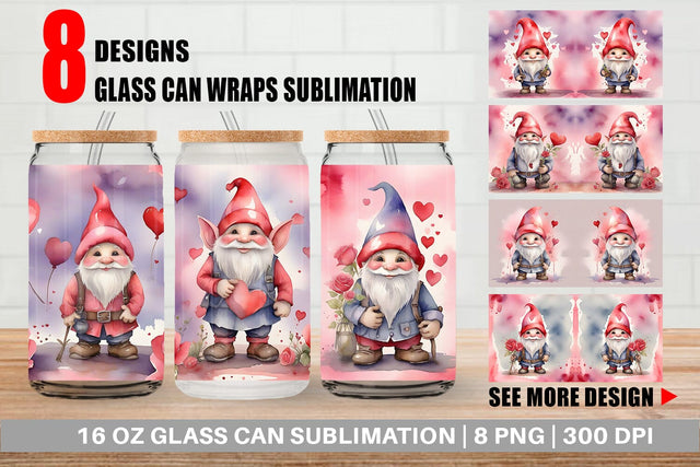 Glass Can Wrap Valentine Watercolor Gnome Sublimation artnoy 