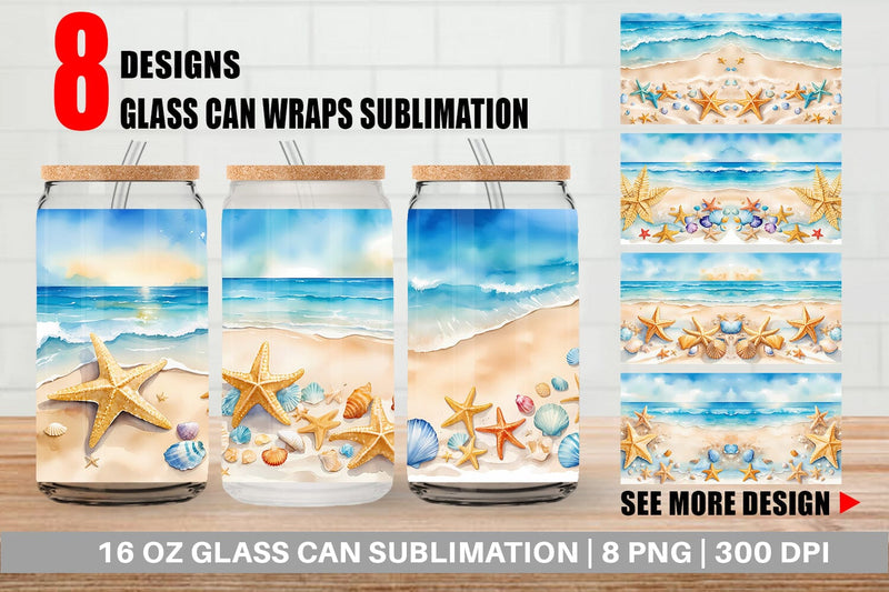Glass Can Wrap Watercolor Beach Summer Sublimation artnoy 