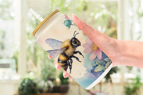 Glass Can Wrap Watercolor Bee Flowers Sublimation artnoy 