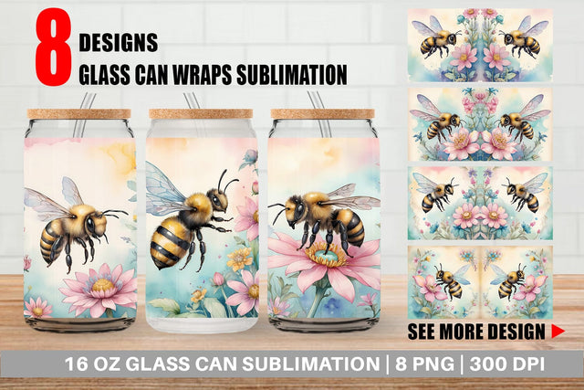 Glass Can Wrap Watercolor Bee Flowers Sublimation artnoy 