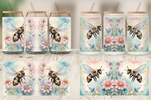Glass Can Wrap Watercolor Bee Flowers Sublimation artnoy 