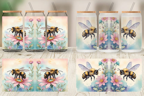 Glass Can Wrap Watercolor Bee Flowers Sublimation artnoy 