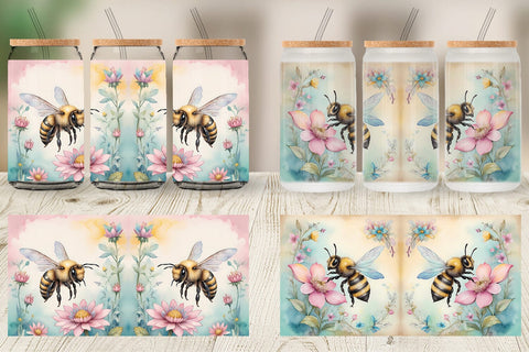 Glass Can Wrap Watercolor Bee Flowers Sublimation artnoy 