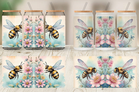 Glass Can Wrap Watercolor Bee Flowers Sublimation artnoy 