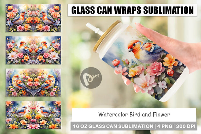 Glass Can Wrap Watercolor Bird and Flower Sublimation artnoy 
