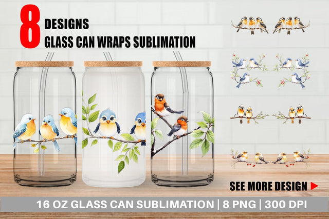 Glass Can Wrap Watercolor Bird Sublimation artnoy 